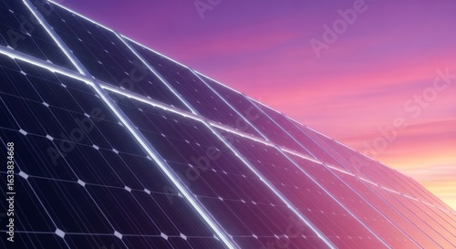 renewable energy solar panels glowing against a vibrant sunset sky