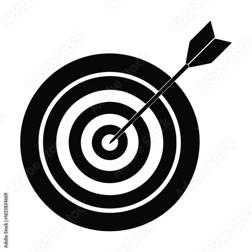 Black and white graphic of a dart hitting the bullseye on a target archery sport
