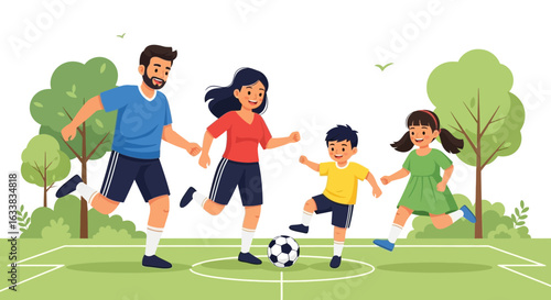 Cheerful Family Enjoying A Soccer Game Together Outdoors On A Sunny Day