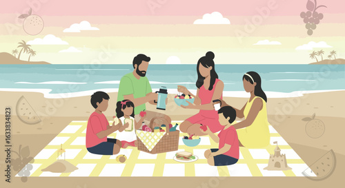 Cheerful Family Enjoying A Sunny Beach Picnic With Refreshments And Leisure Time