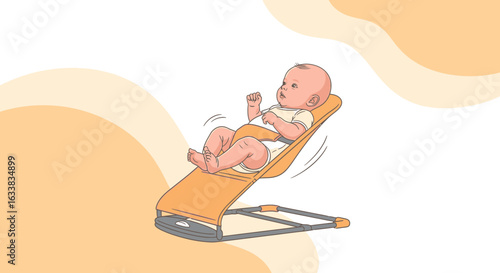 Cute Newborn Comfortably Relaxing In A Bouncer Seat Against Soft Background