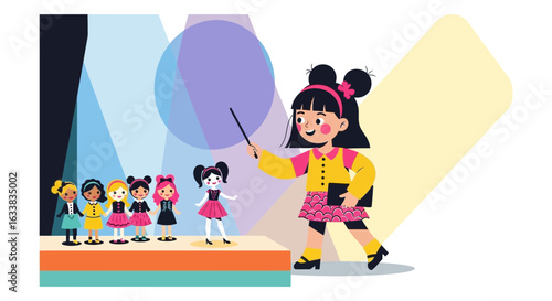 Cute Schoolgirl Directing a Doll Performance on Stage Vector Illustration