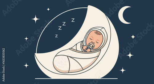 Cute Swaddled Baby Peacefully Asleep In Crescent Moon With Stars