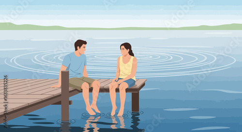 Couple Enjoying Quiet Conversation on Wooden Pier Overlooking Calm Lake Waters