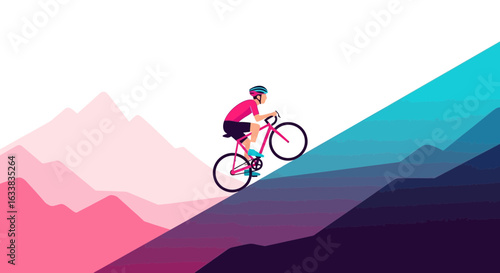 Cyclist Ascending A Gradient Mountain Landscape In Vector Style Illustration