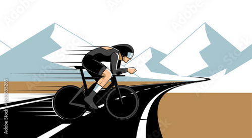 Cyclist Speeding On Road To Achieve Sporting Success With Mountain Backdrop