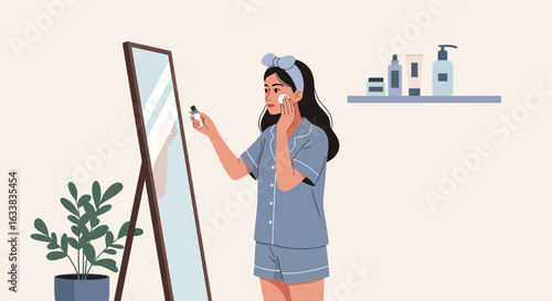 Daily Skincare Rituals Woman Performing Morning Routine in Cozy Home Setting