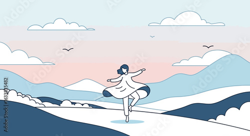 Dancing Girl In Minimalist Landscape Illustration Peaceful Serenity In Nature