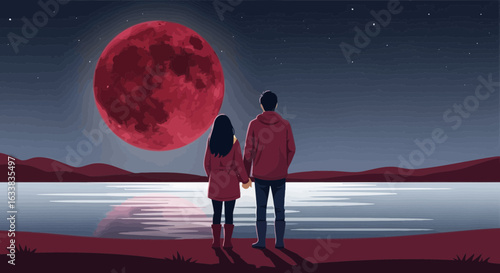Couple Gazing At The Spectacular Crimson Moon In The Serene Night Sky