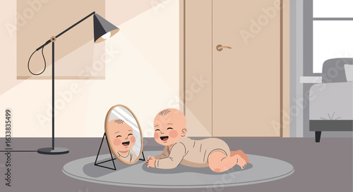 Cheerful Infant Discovering Self Image In A Mirror On A Soft Rug