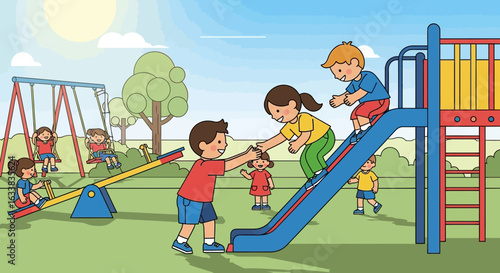Cheerful Kids Enjoying Playtime At The Playground On A Sunny Day