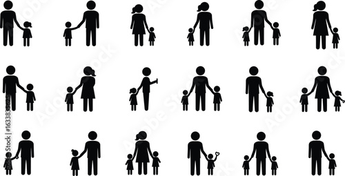 Collection of black stick figure family icons with parents and children father mother