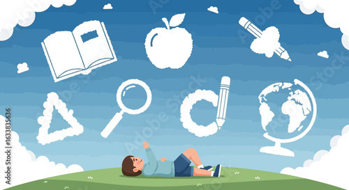 Daydreaming About Education Shapes With Child Sky Concept for Back To School