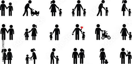 Collection of black stick figure family and parent child icons on white background father mother