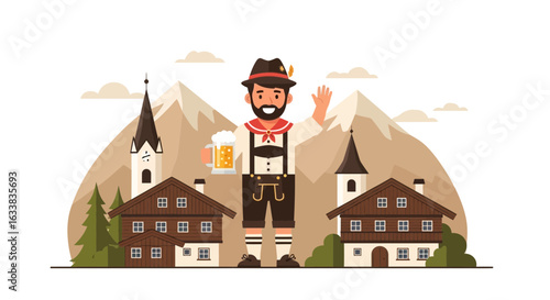 Cheerful Man Celebrating Oktoberfest In Traditional Bavarian Village Setting