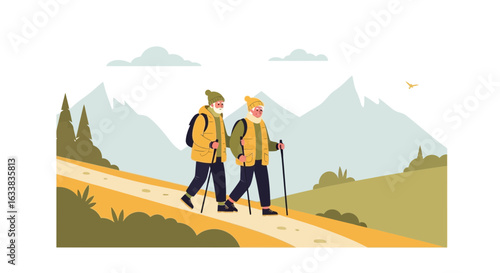 Couple Senior Hiking Together In Nature Landscape With Backpacks And Hiking Sticks