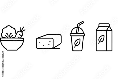 Plant-Based Diet Icon Set. Outline Vector Symbols of Vegan Food and Drink, Including Vegetable Bowl, Tofu Block, Plant Protein, Smoothie Cup, Plant-Based Milk Carton. Healthy Vegetarian Nutrition.