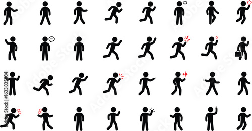Collection of black stick figure icons showing various actions and poses person human 1