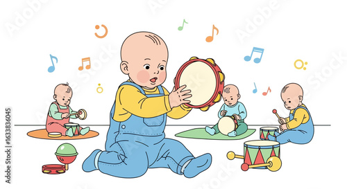 Delightful Babies Enjoying Music Session With Tambourine And Percussion Instruments