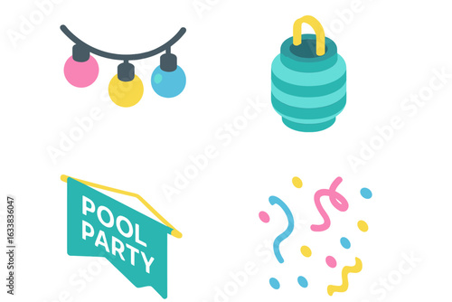 Pool Party Decorations Set. Isometric Vector Icons of String Lights, Paper Lantern, Pool Party Banner Flag, Confetti Streamers. Festive Outdoor Summer Event Decoration Elements for Celebration