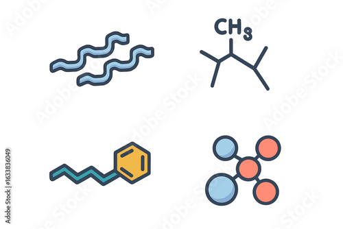 Polymer Chemistry Macromolecules Icon Set. Flat Isometric Vector Illustrations of Polyethylene Chain, Polypropylene Structure, Polystyrene Component, Molecular Models. Science and Industry Concepts