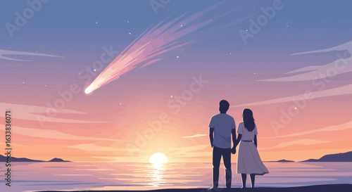 Couple Watching Celestial Wonder On Romantic Beach Sunset Vector Illustration