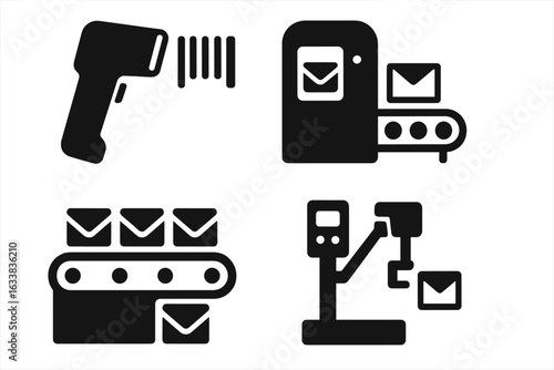 Post office automation vector icons set. Barcode scanner, automated mail sorting machine, conveyor belt, mail envelope processing, logistics technology, postal service equipment, isolated illustration