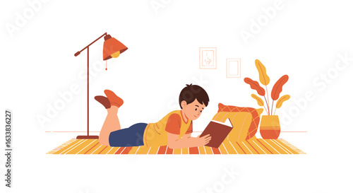 Cozy Afternoon Read Young Boy Enjoying Book On Rug At Home