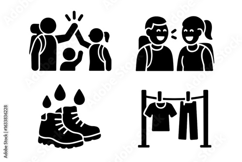 Post-Hike Family Adventure Icons. Set of 4 Solid Filled Vector Illustrations Showing Family High-Five Celebration, Shared Laughter, Wet Hiking Boots, and Clothes Drying After Outdoor Activity