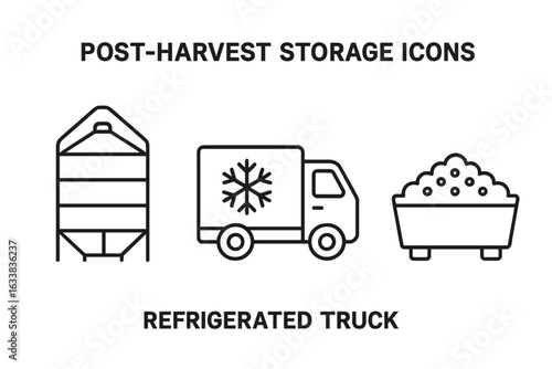 Post-harvest storage icons vector set. Grain silo, cold storage, insulated bin, refrigerated truck symbols. Outline agriculture logistics, crop preservation, food transportation, farm storage design