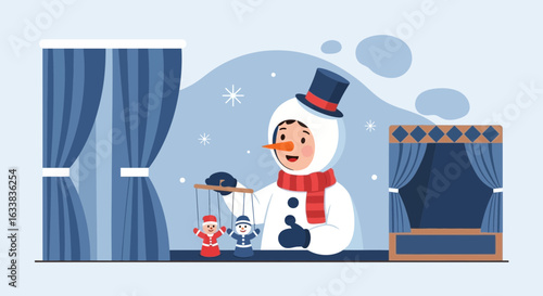 Cheerful Snowman Presents Winter Puppet Show in Colorful Cartoon Illustration