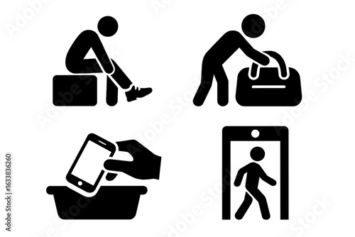 Airport Security Screening Process Icons. Vector Set of Post-Security Actions Featuring Putting on Shoes, Repacking Bag, Collecting Smartphone, Passing Metal Detector. Travel Safety Checkpoint Routine