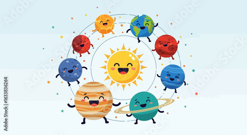 Cheerful Solar System Illustration Featuring Smiling Planets And The Sun