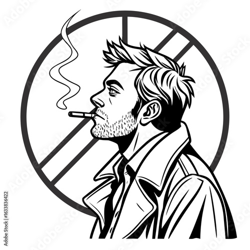Tired Unshaven Man Smoking a Cigarette in a Dark Room