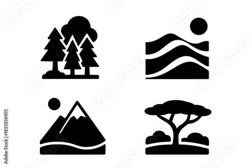 Predator Habitats Icons Set. Solid Filled Vector Illustrations of Dense Forest, Desert Dunes, Snowy Mountain, and African Savanna. Wildlife Environment Symbols for Ecology and Nature Concepts