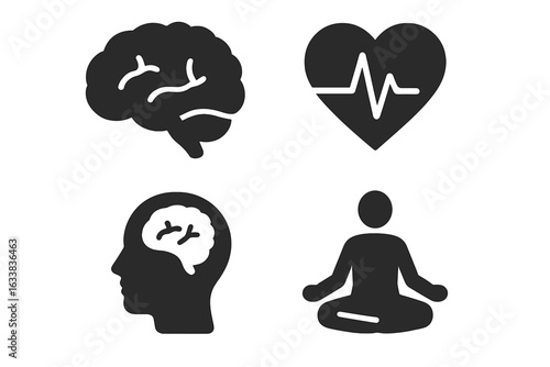 Preventive healthcare icons set. Solid black brain, heartbeat heart, meditation pose, and head with brain. Mental health, mindfulness, wellness, medicine, holistic health vector illustration bundle.