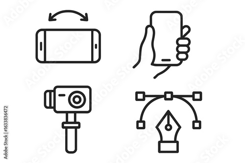 Outline Icon Set for Product Design and Digital Media Creation—Smartphone Orientation with Arrows, Hand Holding Mobile Device, Camera on Gimbal, Vector Pen Tool, Creative Technology Symbols