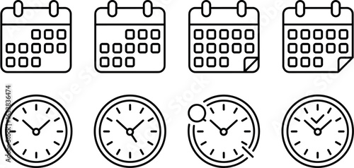 Collection of stylized calendar and clock icons representing time management and scheduling concepts