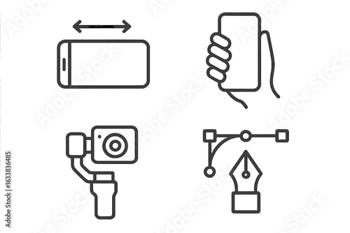 Modern product design icons set. Smartphone orientation, handheld grip, mobile camera gimbal, vector graphic pen tool. Outline technology interface elements, device usage, creative design tools.