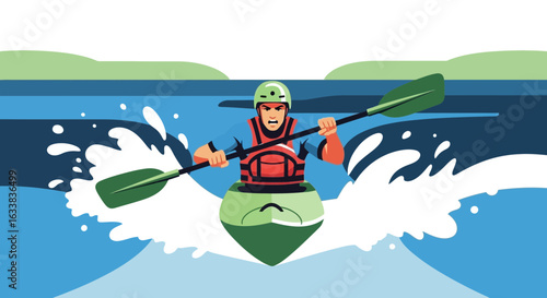 Determined Man Kayaking Through Whitewater Rapids With Full Gear And Helmet