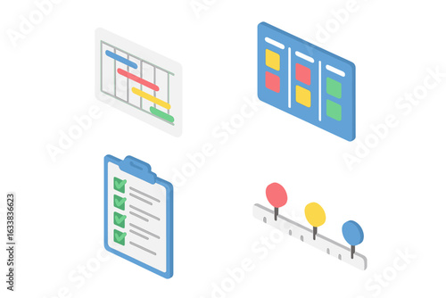 Isometric project management tools icons set. Gantt chart, Kanban board, checklist, timeline. Flat design vector illustration. Agile workflow, schedule, task tracking, planning concepts isolated.