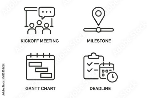Project timeline icons set. Outline vector illustration of kickoff meeting, milestone, Gantt chart, deadline, task checklist, calendar, planning, teamwork, schedule. Project management elements.