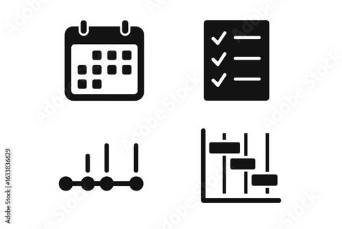 Project management icons set. Solid black vector pack of calendar, checklist, timeline, Gantt chart. Planning, scheduling, task tracking, time management, milestone, workflow, progress. Illustration