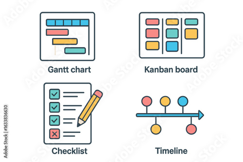 Project Management Icon Set. Flat Isometric Design Collection. Gantt Chart, Kanban Board, Checklist, Timeline. Business Planner Tools. Workflow Organization Infographic. Task Management Symbols
