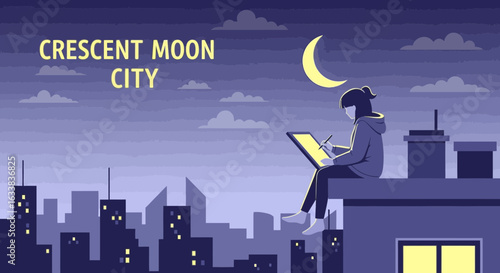 Digital Canvas Dreams Under Crescent Moon In Cityscape At Night