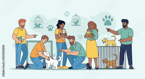 Cheerful Volunteers At Animal Shelter Helping Dogs And Cats Find Homes