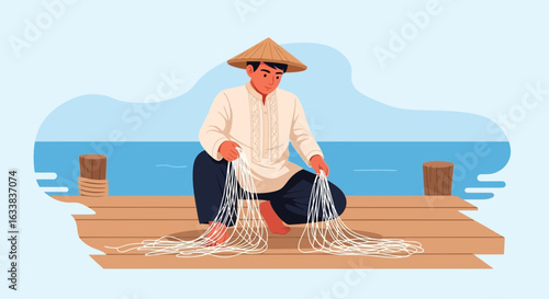 Diligent Fisherman Mending Nets by the Calm Sea Illustration Artwork