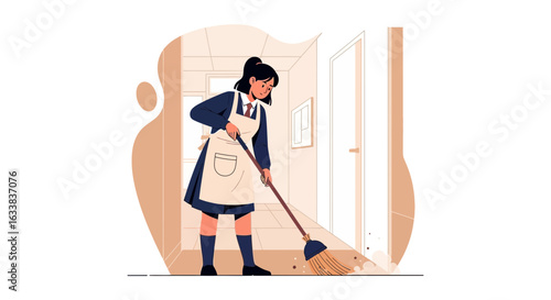 Diligent Housekeeper Sweeping The Floor For Cleanliness In An Orderly Environment