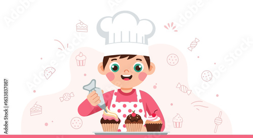 Cheerful Young Baker Decorating Cupcakes With Frosting Cartoon Illustration