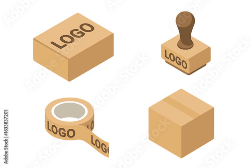 Isometric packaging icons set. Branded cardboard box, custom logo stamp, printed adhesive tape, shipping parcel. Packaging design and branding mockup. Delivery, logistics, online retail concept vector